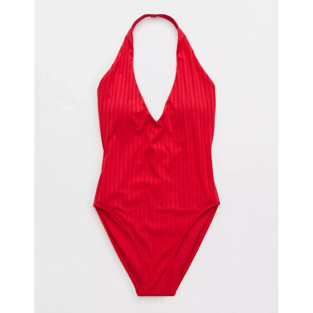 Aerie Women's Ribbed Halter Full Coverage One Piece Swimsuit Chilly Red Sz L NWT